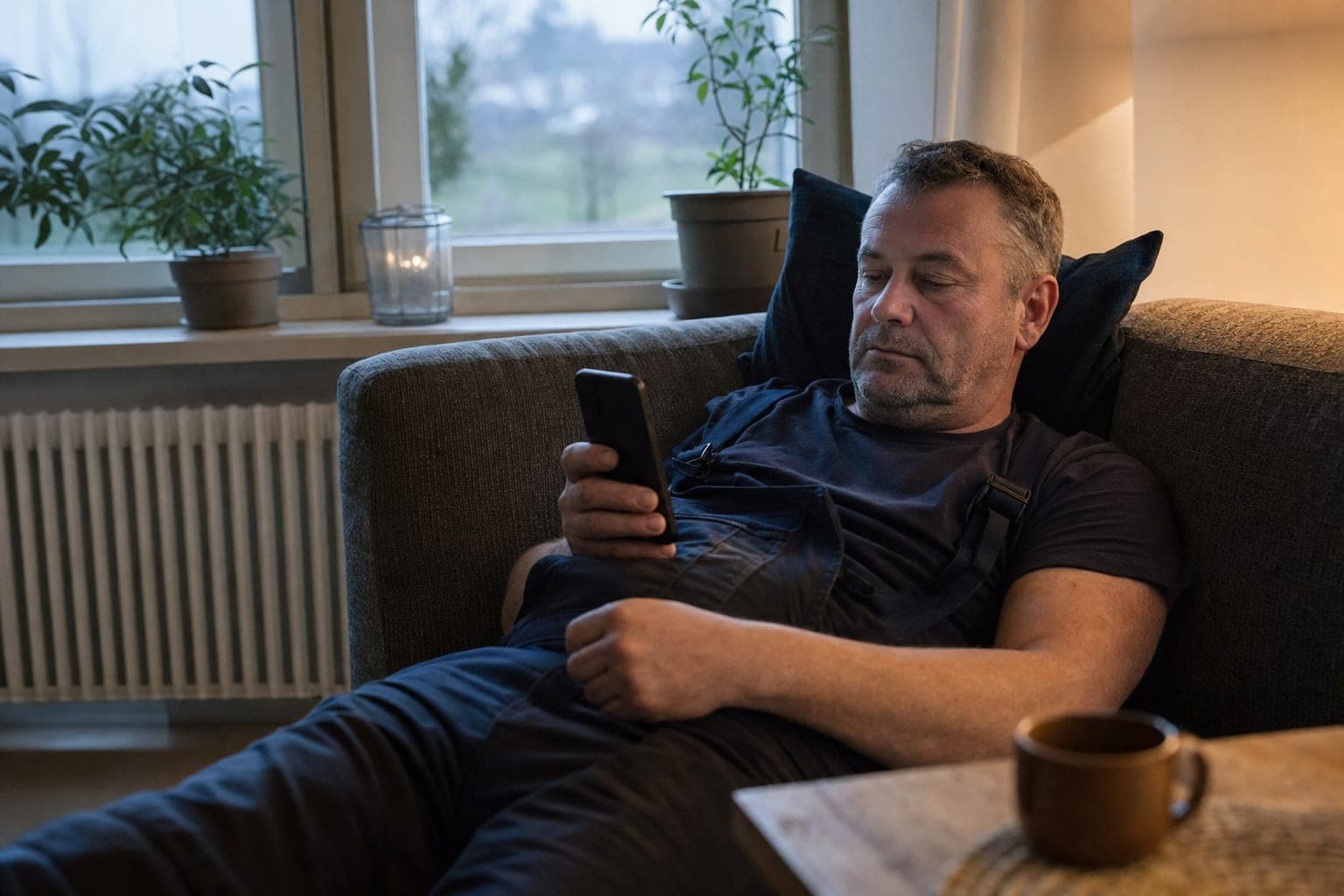 Fachkraft zuhause auf dem Sofa mit dem Telefon in der Hand