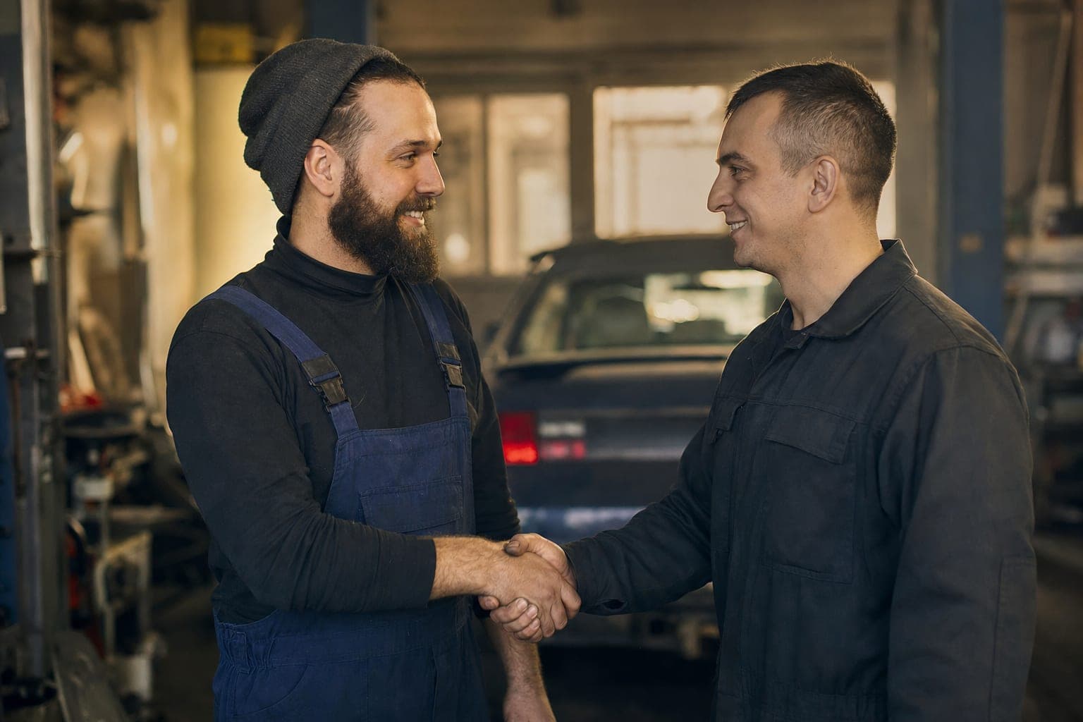 Handschlag zwischen zwei Handwerkern in der Werkstatt